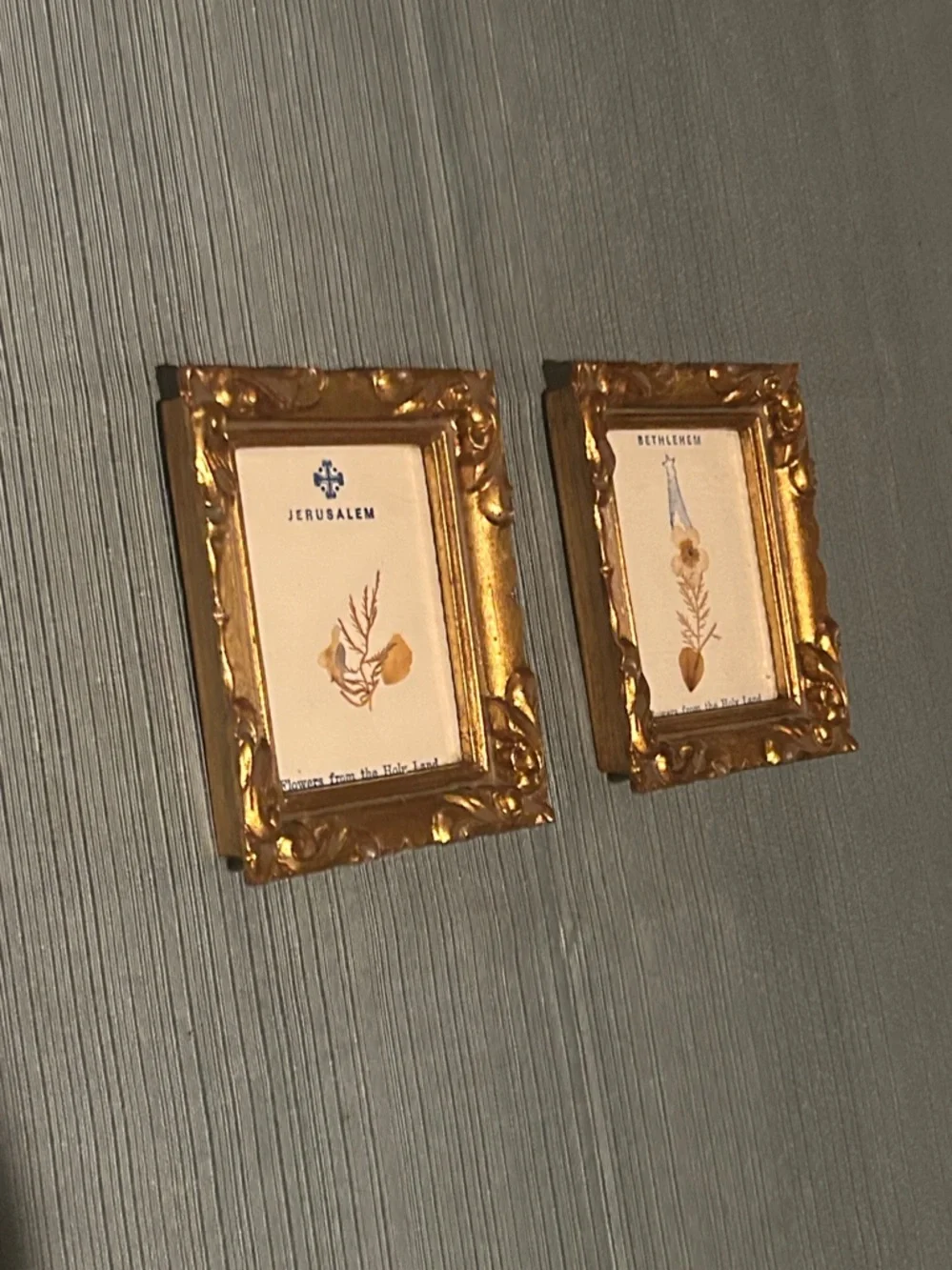 Jerusalem Bethlehem Flowers from Holy Land Set Gold Ornate Picture Frames 3x4x1